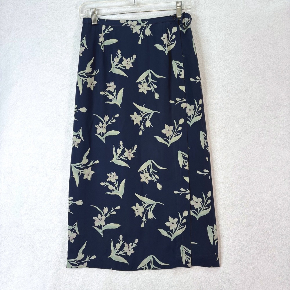 Vtg Talbots Floral Silk Wrap Navy Blue Midi Skirt Womens 8P Cottagecore Preppy